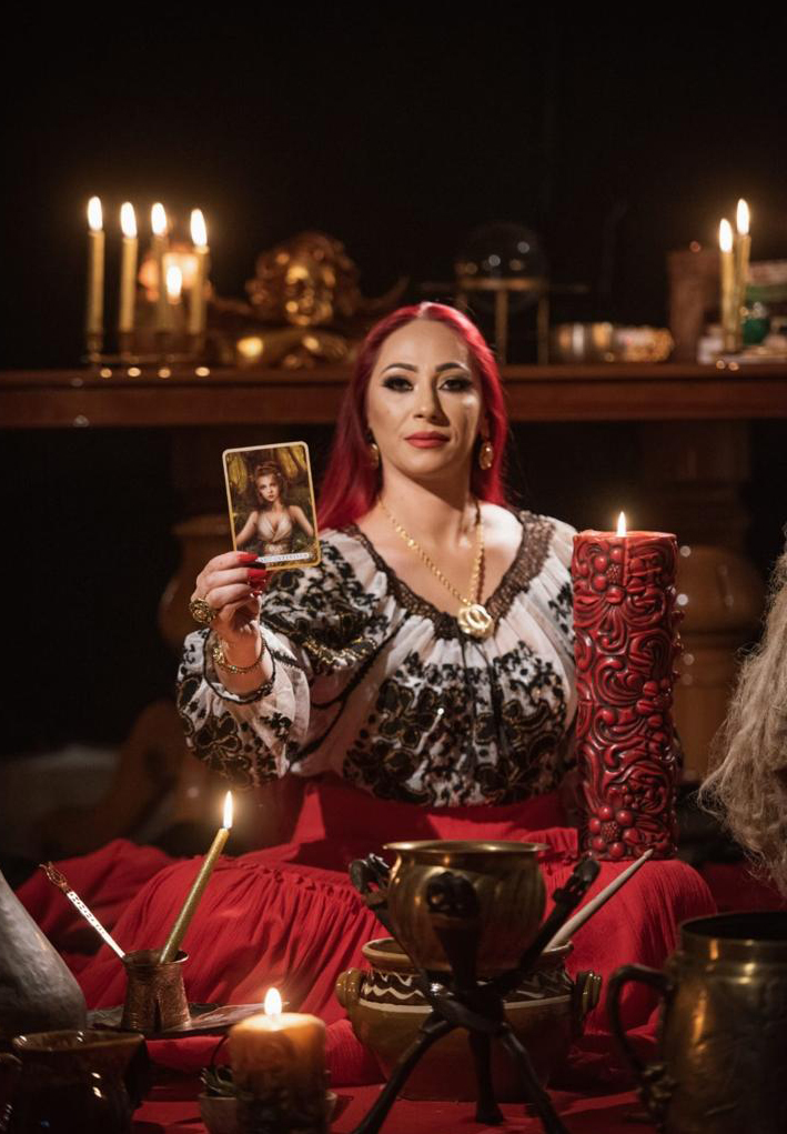 Danusia holding a tarot card beside a red candle